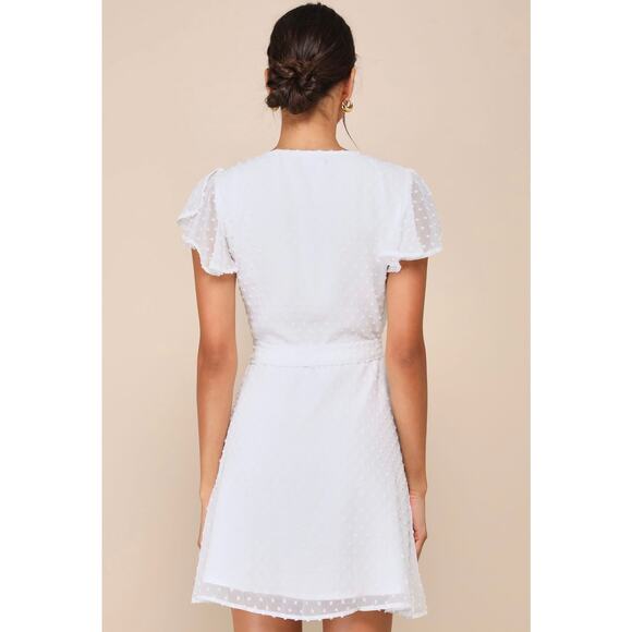 Lulus Much to Celebrate White Swiss Dot Flutter Sleeve Wrap Mini Dress XL - Picture 4 of 9